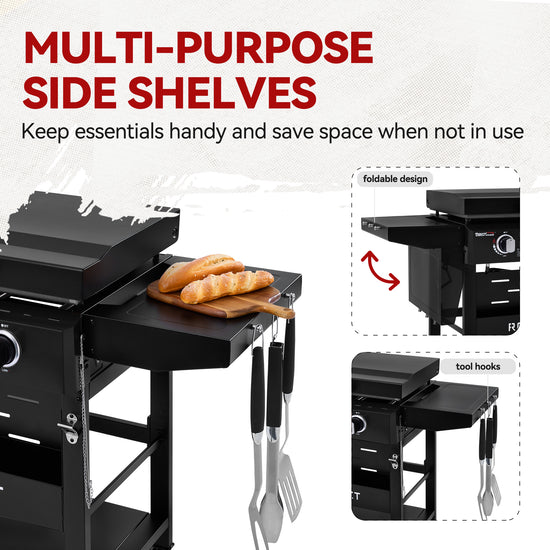 Black multi-purpose side shelves with foldable design and tool hooks, featuring bread and utensils on a white background.