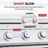 Close-up of a Royal Gourmet gas stove control panel with text explaining the smart glow feature, showing illuminated blue and red knobs with an inset magnified view of the red ON position and blue OFF position.