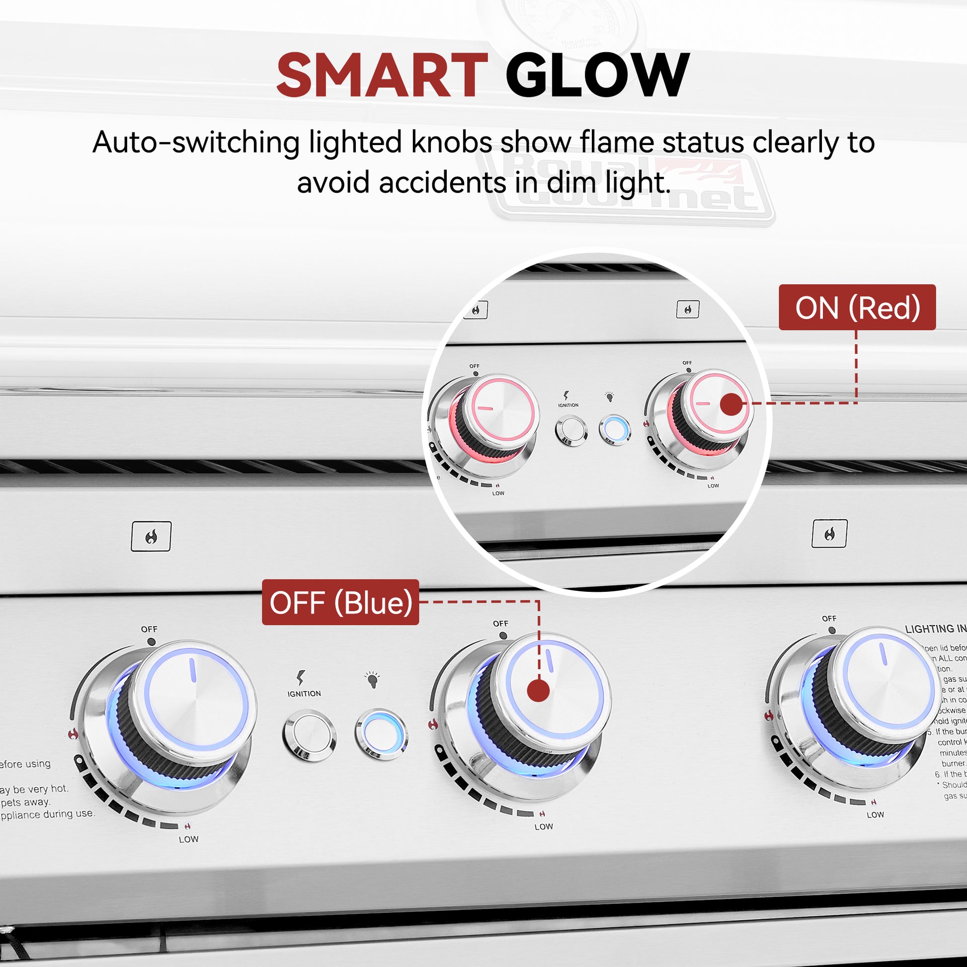 Close-up of a Royal Gourmet gas stove control panel with text explaining the smart glow feature, showing illuminated blue and red knobs with an inset magnified view of the red ON position and blue OFF position.