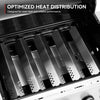 Close-up of a Royal Gourmet gas grill interior showing six metal burners with text overlay reading 'OPTIMIZED HEAT DISTRIBUTION' and 'Designed for even heat and reliable performance'.