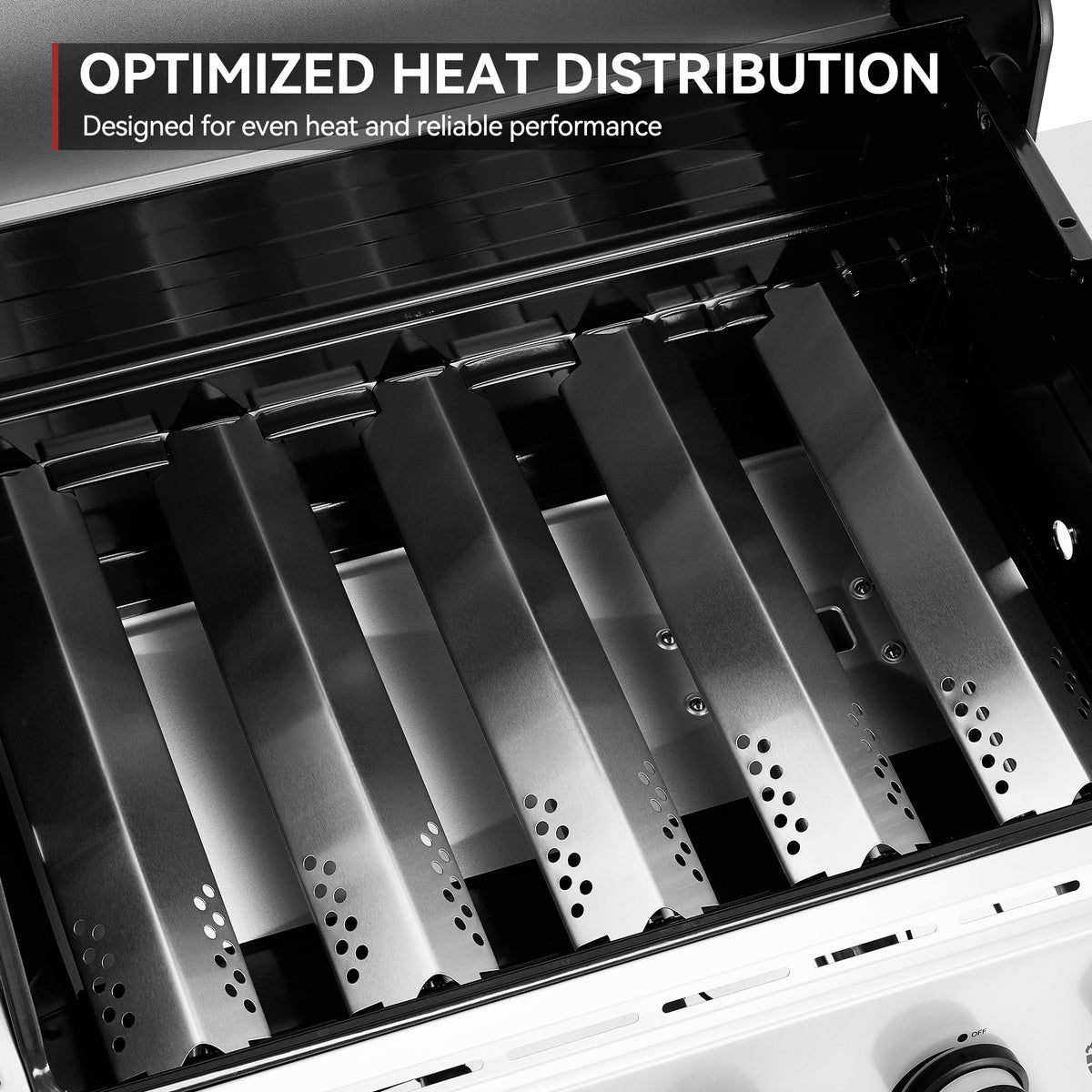 Close-up of a Royal Gourmet gas grill interior showing six metal burners with text overlay reading 'OPTIMIZED HEAT DISTRIBUTION' and 'Designed for even heat and reliable performance'.