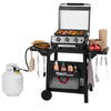 Royal Gourmet 3-burner gas grill on a black wheeled cart with side shelves, shown with a white propane tank, food, utensils, and condiments on a white background.