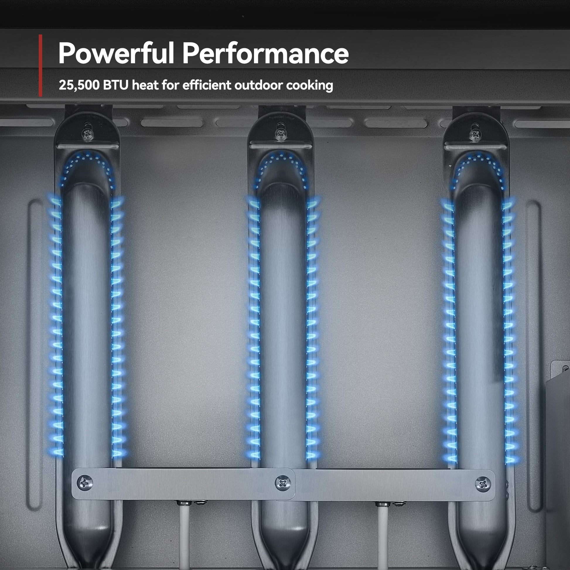 Royal Gourmet Gas grill with three burners and blue flames, labeled 'Powerful Performance' and '25,500 BTU heat for efficient outdoor cooking'.