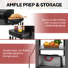 Royal Gourmet Black kitchen cart with storage shelves and prep space, featuring text about ample preparation and storage.