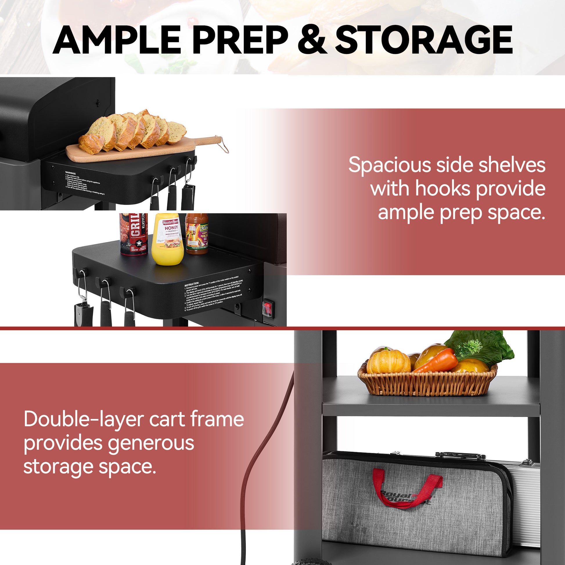 Royal Gourmet Black kitchen cart with storage shelves and prep space, featuring text about ample preparation and storage.