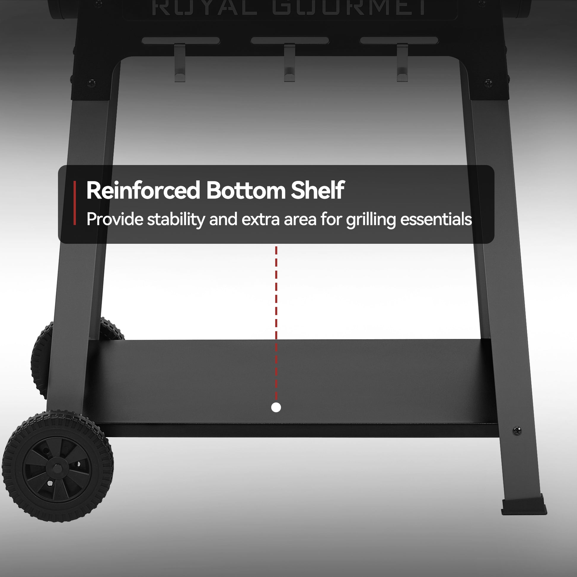 Black grill with reinforced bottom shelf feature on a gray background