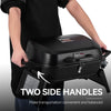 Person holding a black portable grill with 'Royal Gourmet' branding, emphasizing two side handles.