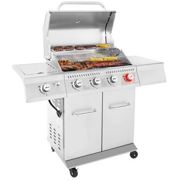 Royal Gourmet Stainless steel gas grill with food on a white background
