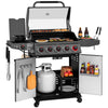Outdoor grill with various accessories and food on a white background