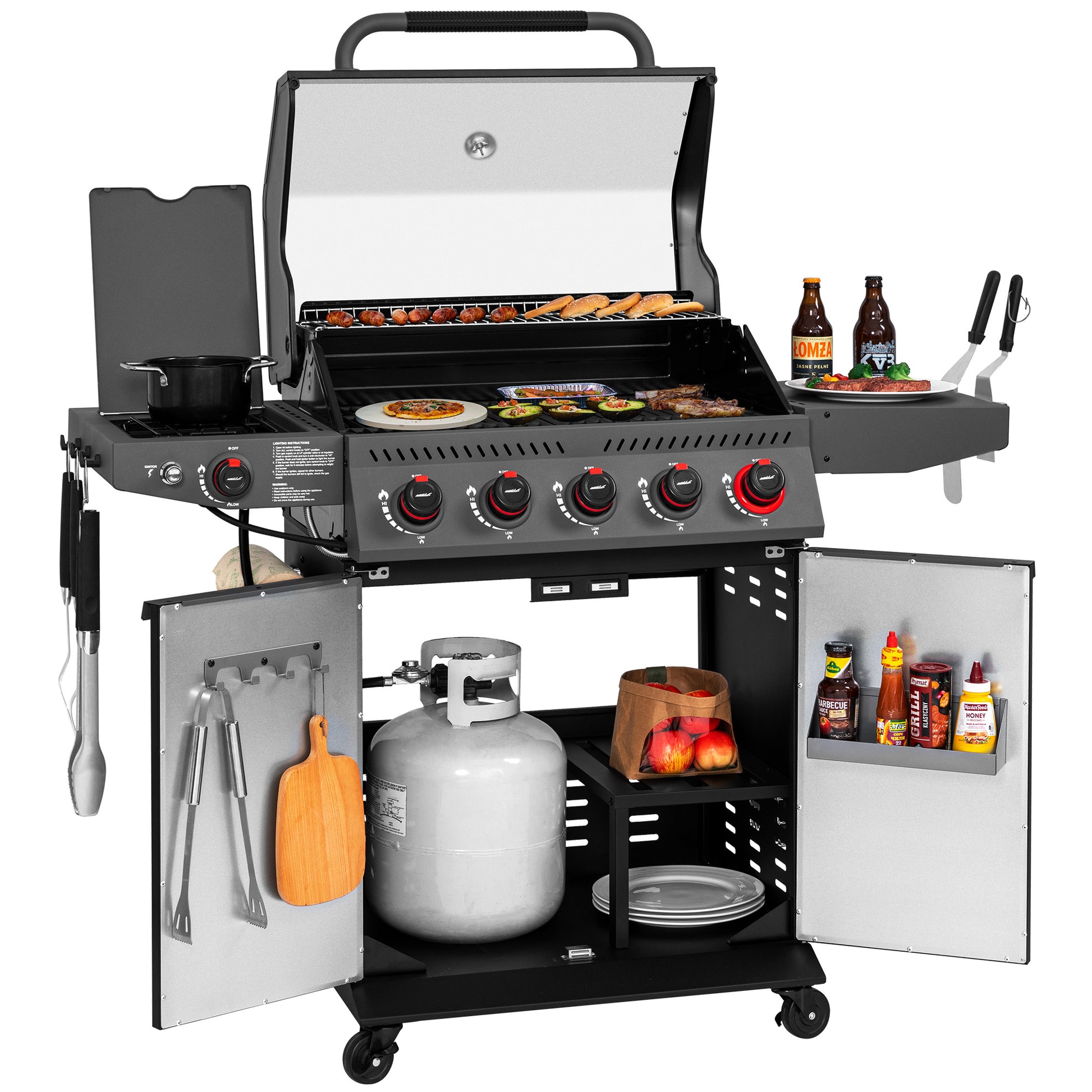 Outdoor grill with various accessories and food on a white background