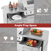 Stainless steel Royal Gourmet outdoor grill with an extended drawer-style prep space shown in a composite marketing image. Text overlays read 'Ample Prep Space' and 'Versatile storage,' with icons and small lifestyle photos in the background.
