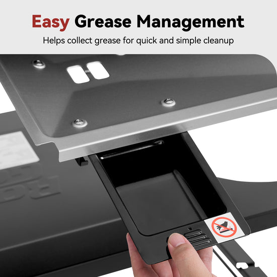Close-up of a black Royal Gourmet grease management tray being pulled open from a metal grill frame, with text at the top reading 'Easy Grease Management' and a hand holding the tray.