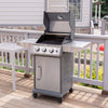 Stainless steel Royal Gourmet grill on a wooden deck with a house in the background