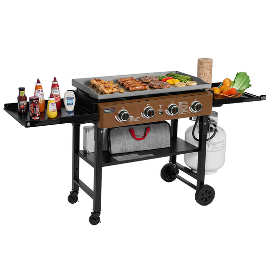 Royal Gourmet Portable grill with cooking area, side shelves, and condiments on a white background