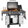 Portable propane grill with food and accessories on a white background