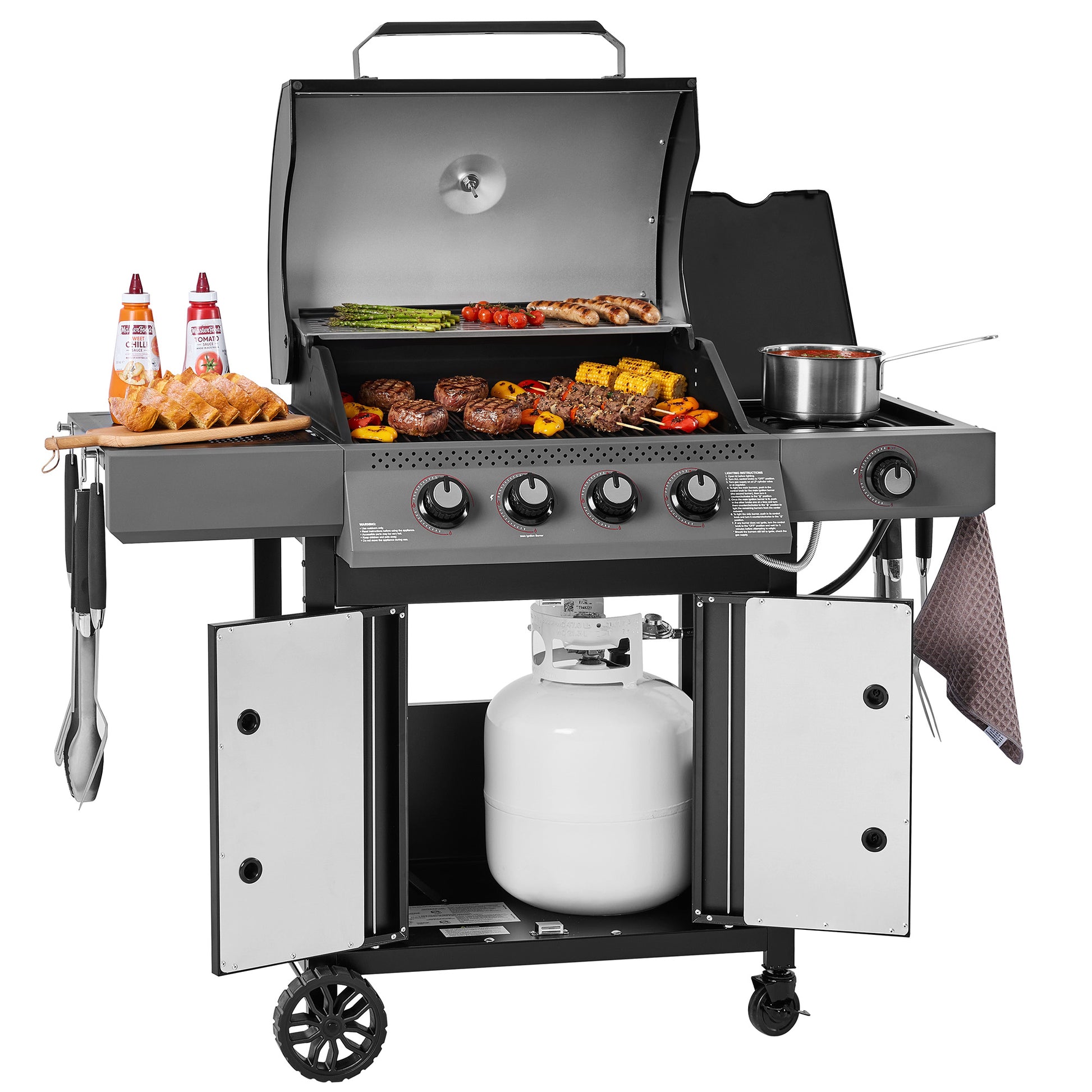 Portable propane grill with food and accessories on a white background