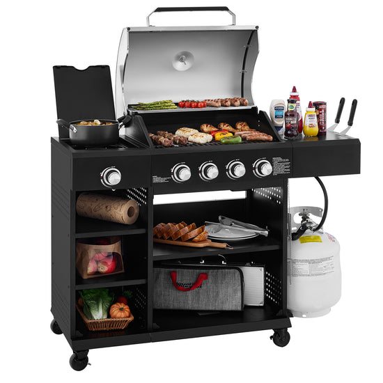 Black Royal Gourmet barbecue grill with various food items and accessories on a white background