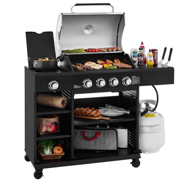Black Royal Gourmet barbecue grill with various food items and accessories on a white background