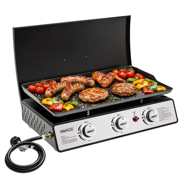 Royal Gourmet Portable gas grill with food cooking on a white background