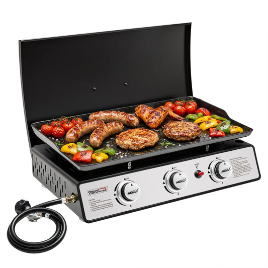 Royal Gourmet Portable gas grill with food cooking on a white background