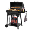 Black Royal Gourmet grill with food, tools, and drinks on a white background