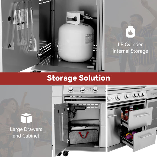 A promotional collage for a compact kitchen storage cabinet system. The top panel shows a white LP gas cylinder stored inside a tall cabinet, with text reading 'LP Cylinder Internal Storage.