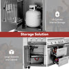 A promotional collage for a compact kitchen storage cabinet system. The top panel shows a white LP gas cylinder stored inside a tall cabinet, with text reading 'LP Cylinder Internal Storage.