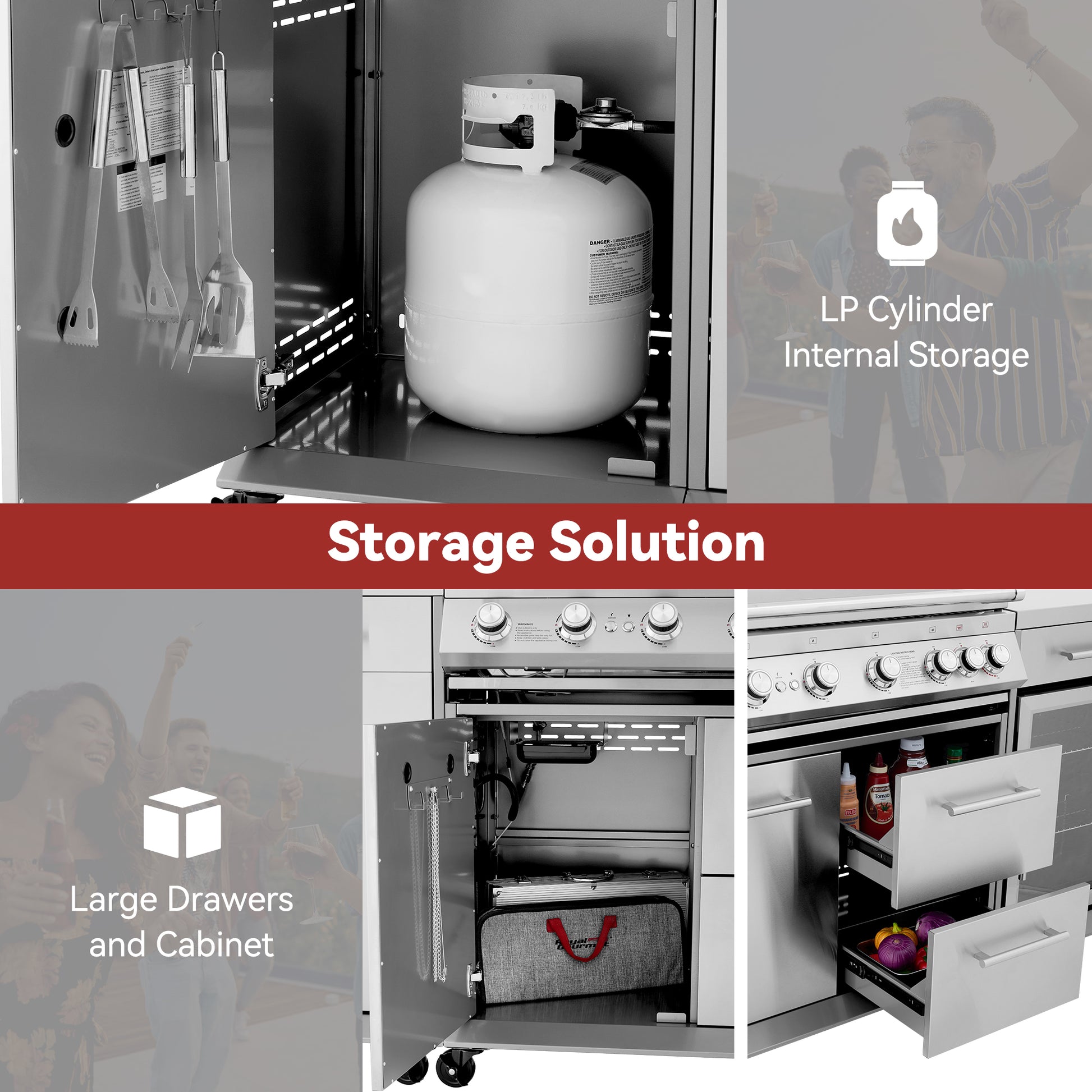 A promotional collage for a compact kitchen storage cabinet system. The top panel shows a white LP gas cylinder stored inside a tall cabinet, with text reading 'LP Cylinder Internal Storage.