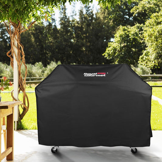 Black barbecue grill cover with 'Royal Gourmet' logo on a patio
