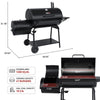 Black barbecue grill with dimensions and cooking area details on a white background