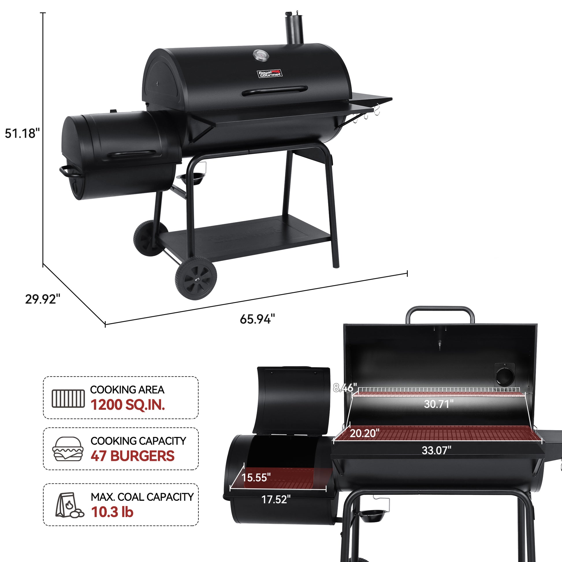 Black barbecue grill with dimensions and cooking area details on a white background