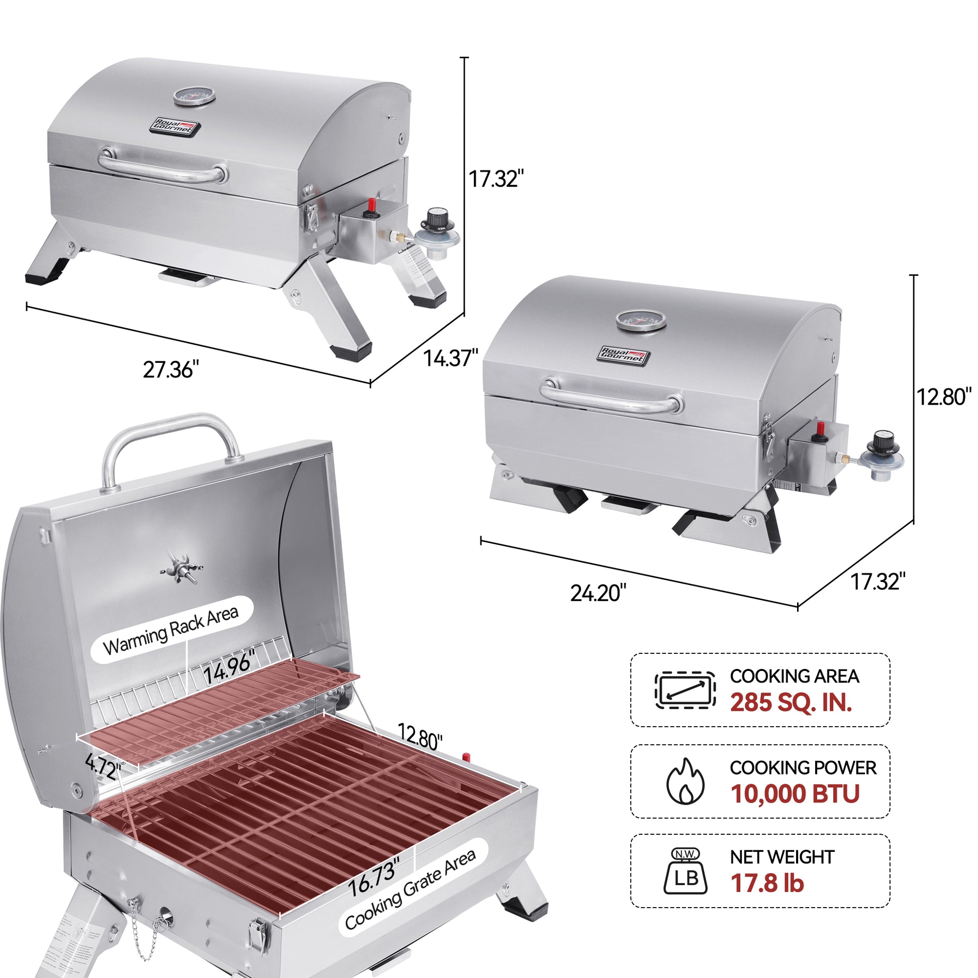 Royal Gourmet  Stainless steel portable grill with dimensions and features on a white background