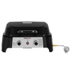 A Royal Gourmet 2-burn gas grill in black with a stainless steel control panel and a gas regulator hose attached on the right, shown against a plain white background.