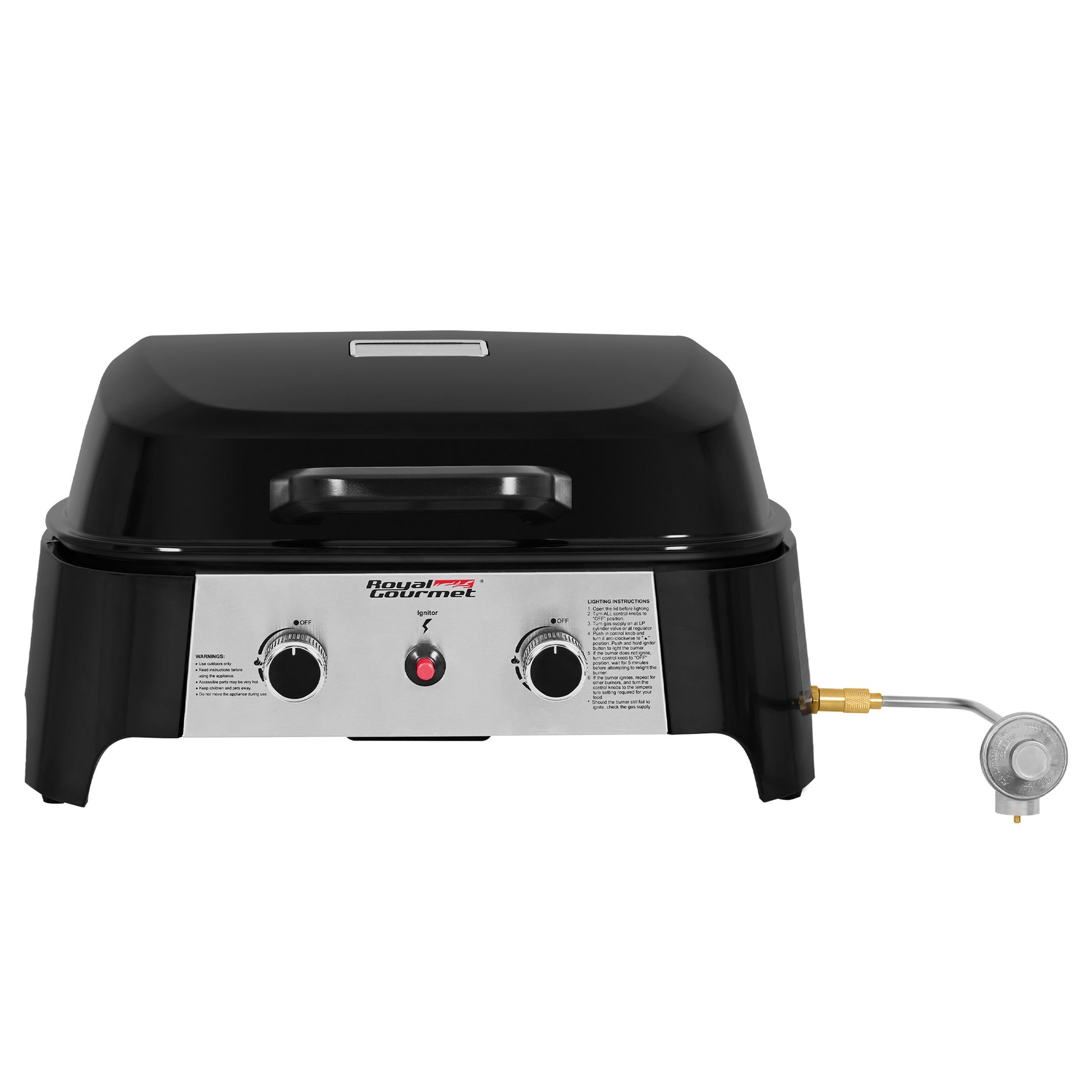 A Royal Gourmet 2-burn gas grill in black with a stainless steel control panel and a gas regulator hose attached on the right, shown against a plain white background.