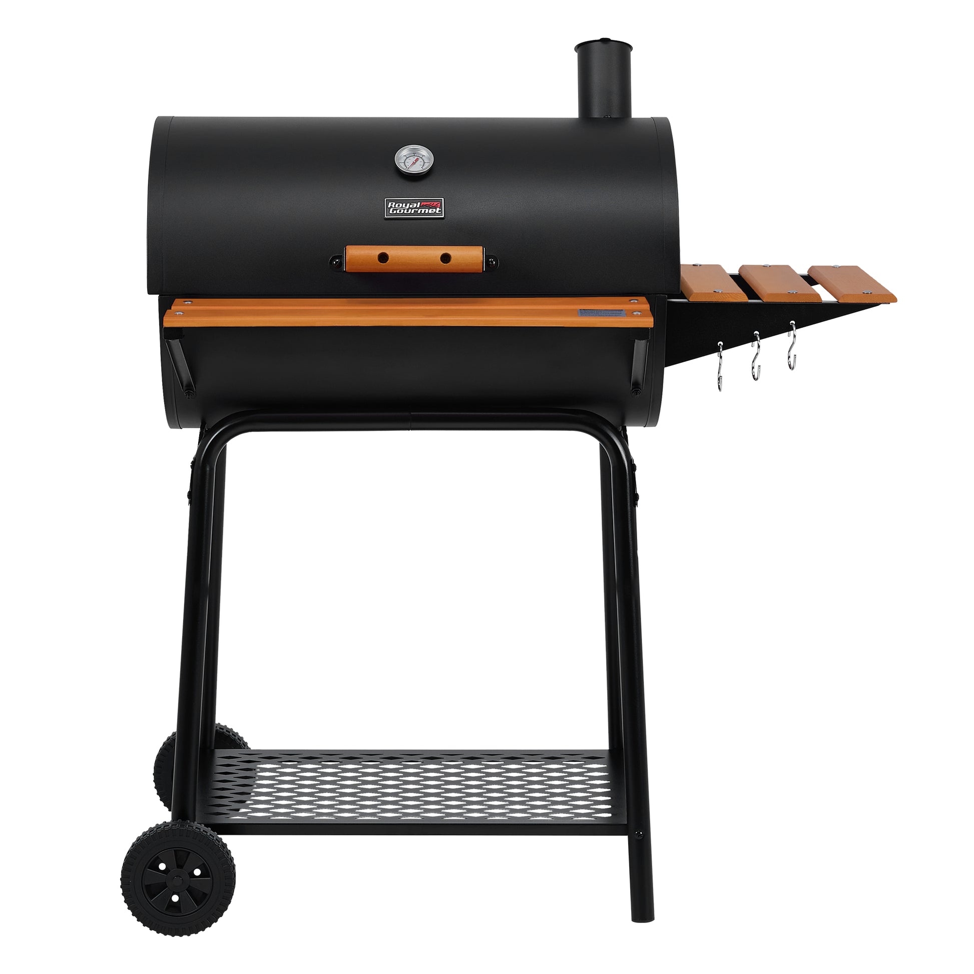 A black outdoor pellet Royal Gourmet grill on a wheeled stand with a wood-grain finish on the lid trim, side table, and lower shelf, shown against a plain white background.