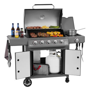 Royal Gourmet Portable gas grill with various food items and accessories on a white background