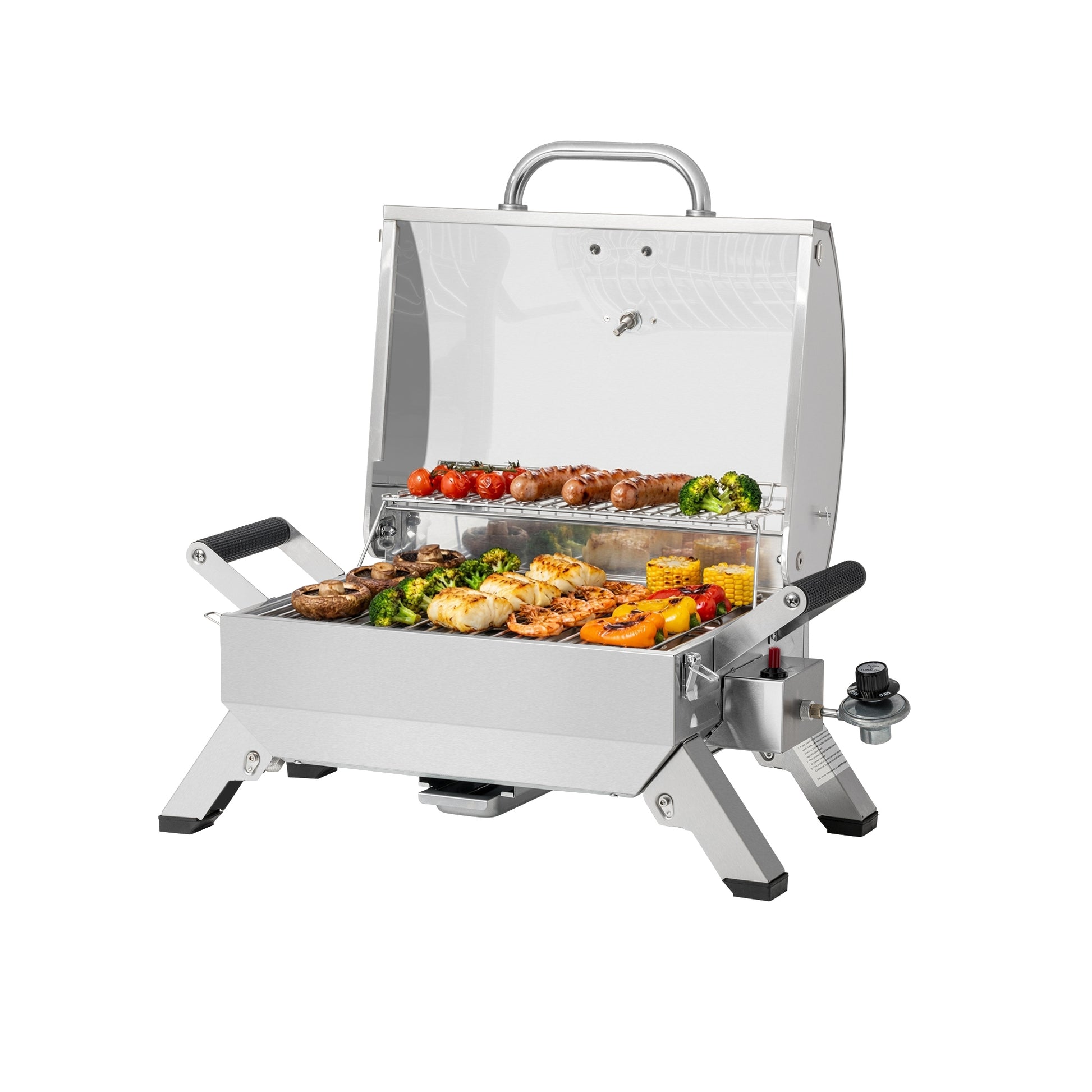 Portable gas grill with food on a white background