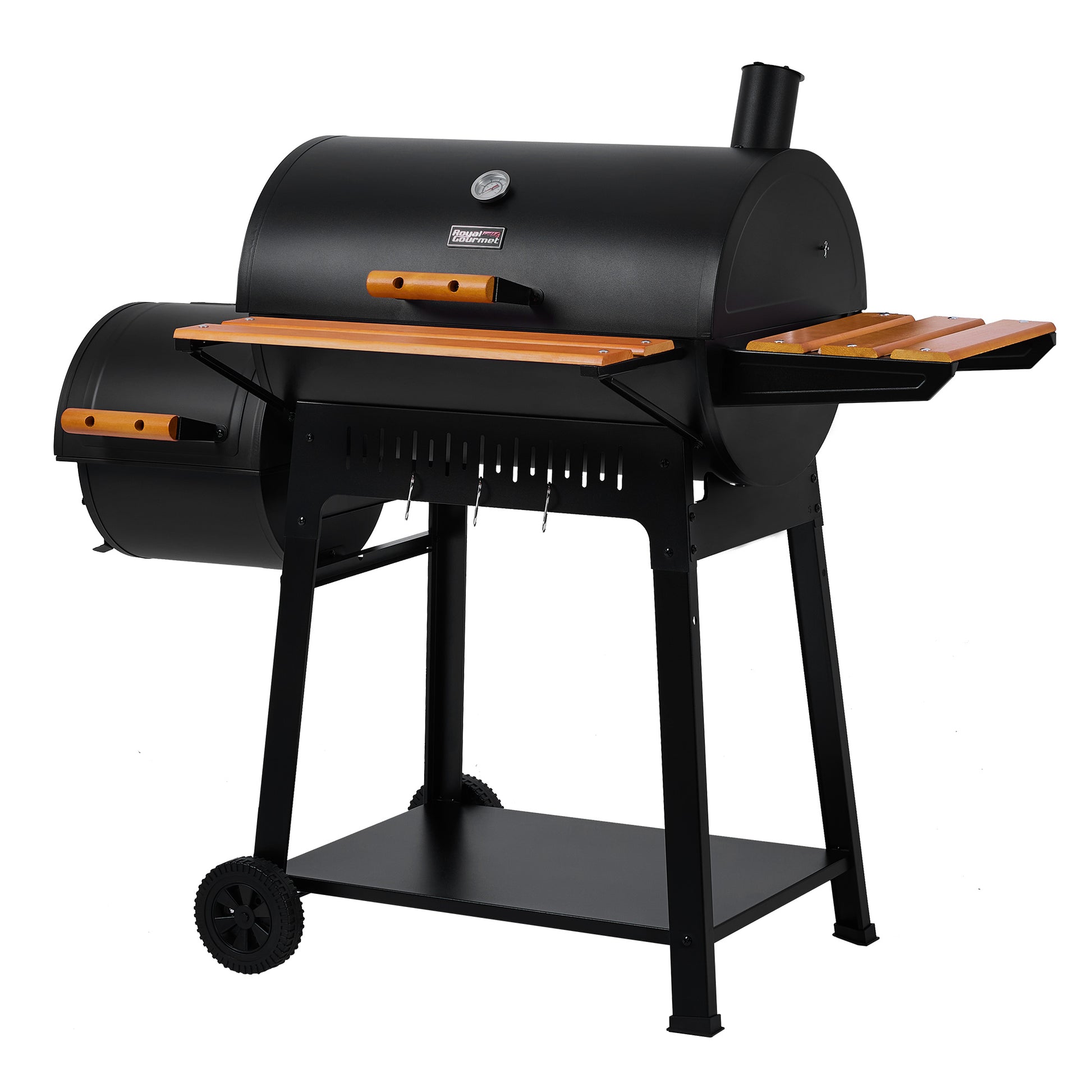 Royal Gourmet  Black barbecue grill with wooden accents on a white background