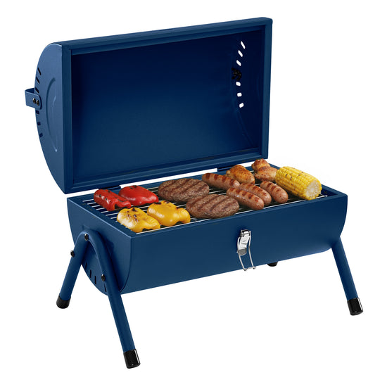 Royal Gourmet Blue portable grill with food on a white background
