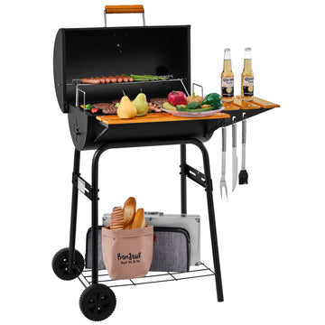 Royal Gourmet Barrel Charcoal Grill with  Wooden Shelf, Black