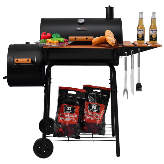 Barrel Charcoal Grill with Offset Smoker， Black