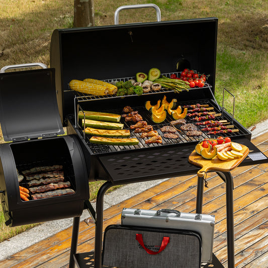 Royal Gourmet Barbecue grill with various food items on a wooden deck