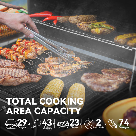 Royal Gourmet Grill with various foods cooking, including skewers and vegetables, with text indicating total cooking area capacity.