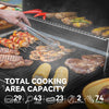 Royal Gourmet Grill with various foods cooking, including skewers and vegetables, with text indicating total cooking area capacity.