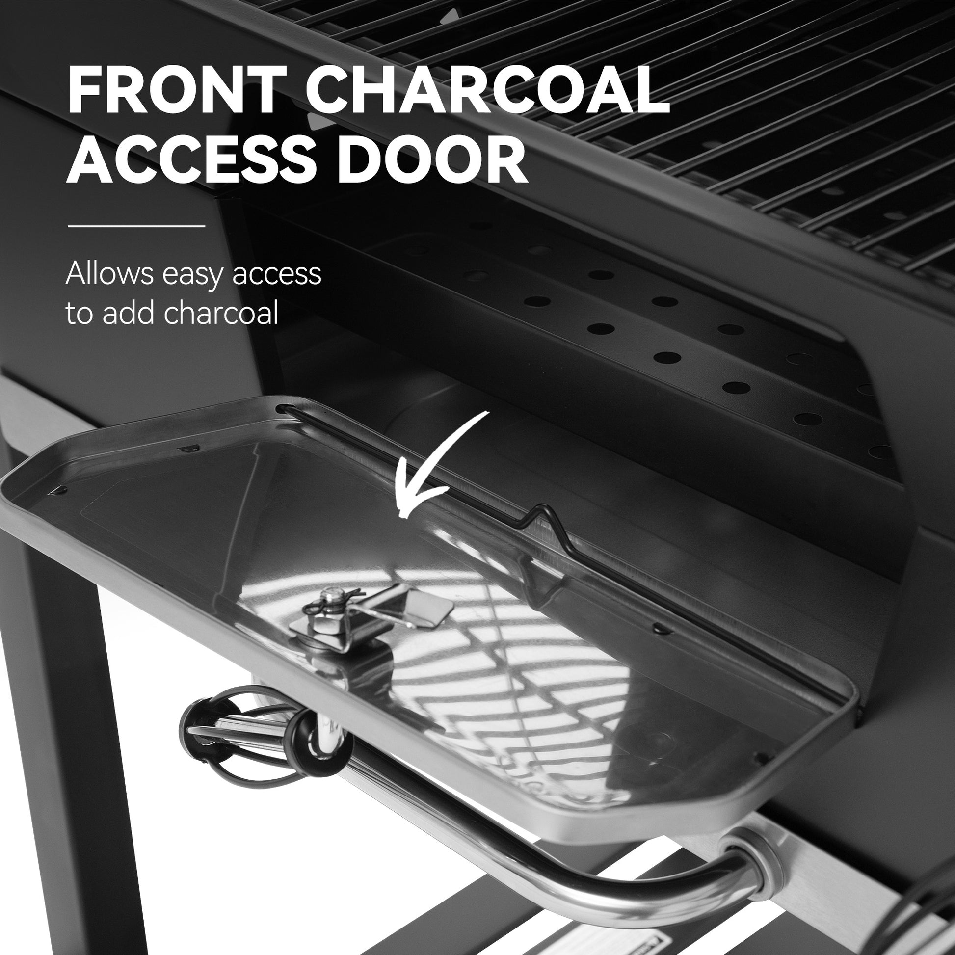 Royal Gourmet Charcoal access door for a grill with text indicating easy charcoal addition.