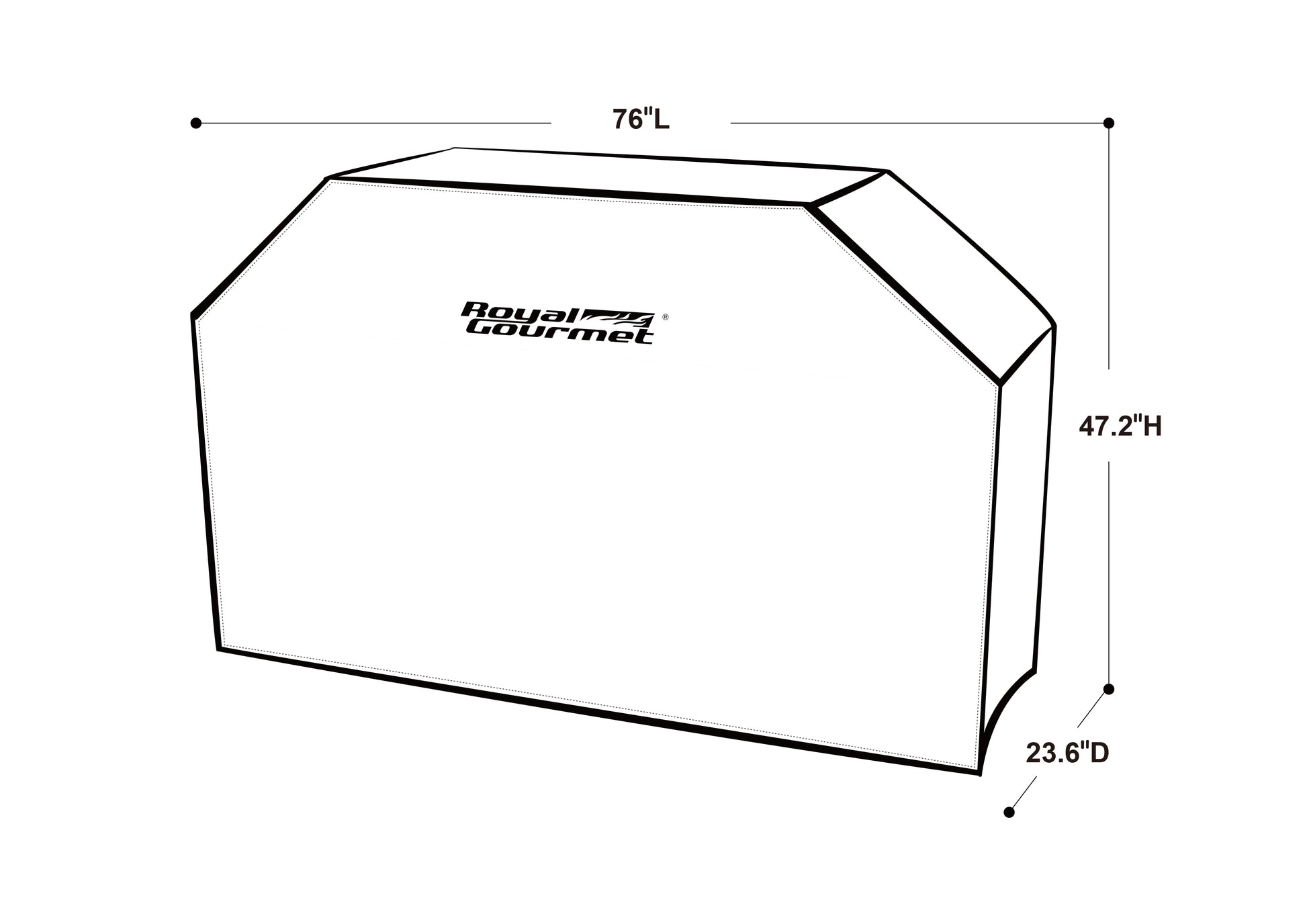 Technical drawing of a product with dimensions and Royal Gourmet logo.