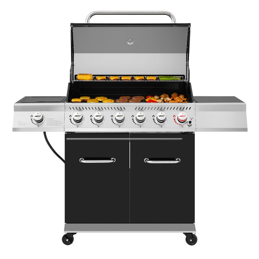 6-Burner BBQ Gas Grill with Sear Burner and Side Burner, Black