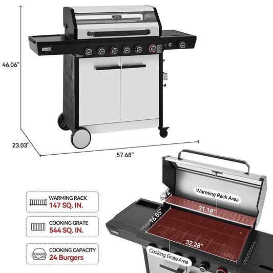 Royal Gourmet 6-Burner Gas Grill, with Side Burner, Silver & Black