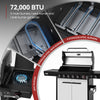 Close-up of a Royal Gourmet gas grill with burner components and text indicating 72,000 BTU power.