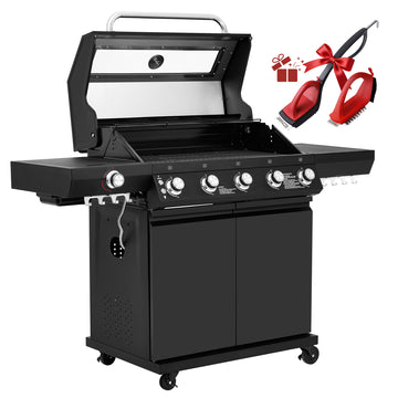  Royal Gourmet Black barbecue grill with a cleaning brush and red bow on a white background
